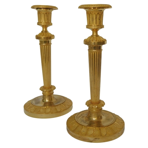 Claude Galle : pair of Empire ormolu candlesticks, model of Chateau de Fontainebleau, mercury gilt bronze