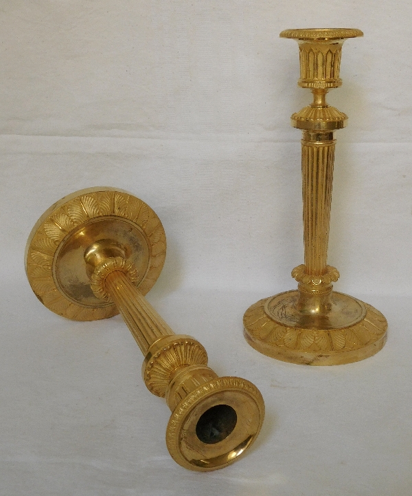 Claude Galle : pair of Empire ormolu candlesticks, model of Chateau de Fontainebleau, mercury gilt bronze