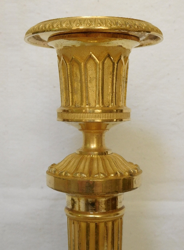 Claude Galle : pair of Empire ormolu candlesticks, model of Chateau de Fontainebleau, mercury gilt bronze