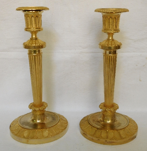 Claude Galle : pair of Empire ormolu candlesticks, model of Chateau de Fontainebleau, mercury gilt bronze