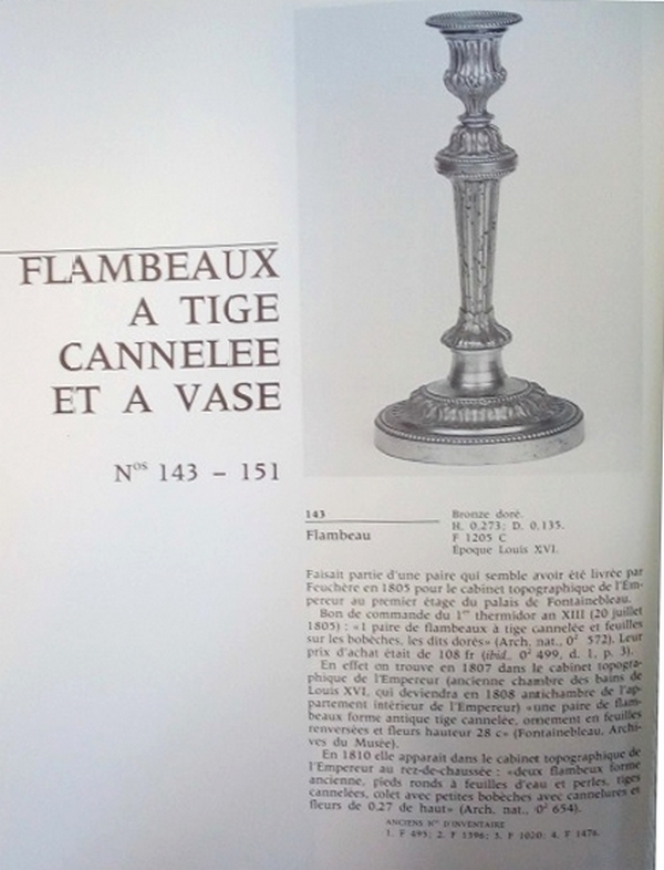 Paire de bougeoirs Louis XVI, modèle de Feuchère pour le Château de Fontainebleau - bronze doré