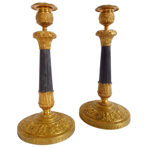 Pair of royal patinated bronze and ormolu candlesticks for Louis-Philippe at Château de Neuilly