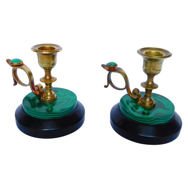 Pair of malachite and ormolu candle holders, mid 19th century