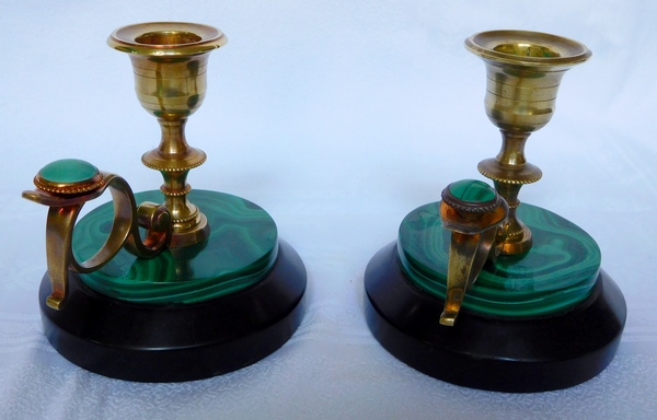 Pair of malachite and ormolu candle holders, mid 19th century