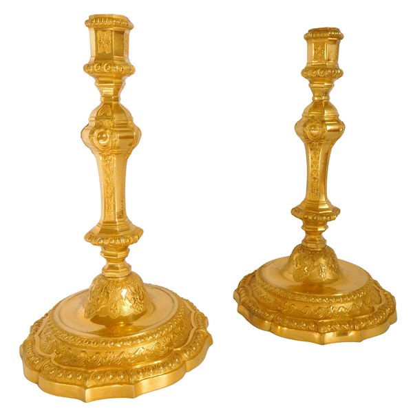 Pair of Louis XIV style finely chiseled ormolu candlesticks