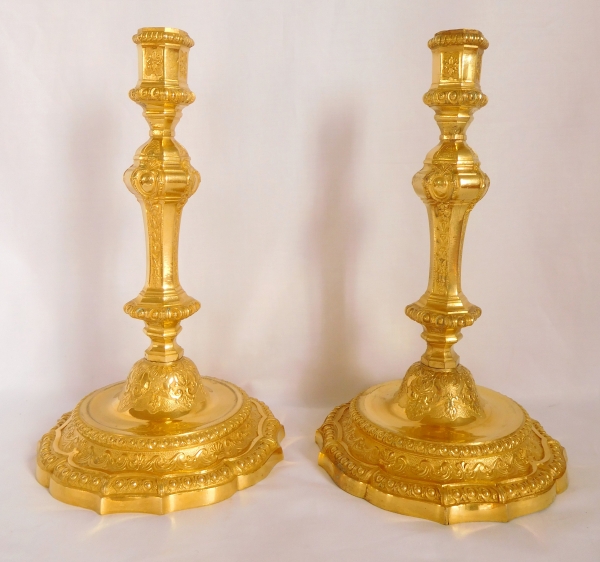 Pair of Louis XIV style finely chiseled ormolu candlesticks