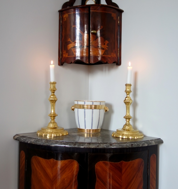 Pair of Louis XIV style finely chiseled ormolu candlesticks
