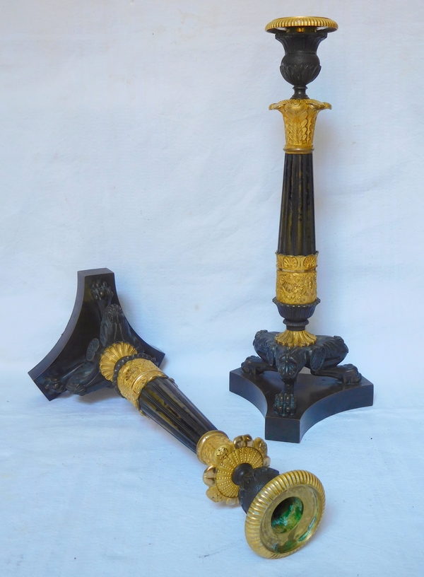 Pair of Empire patinated bronze and ormolu candlesticks, early 19th century circa 1820