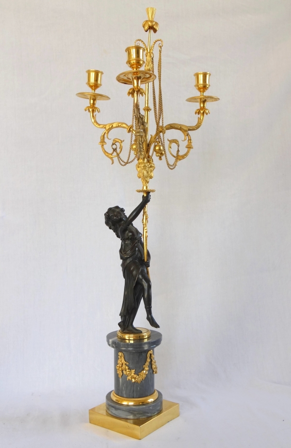 Pair of Louis XVI ormolu, patinated bronze and marble candelabras - 18th century