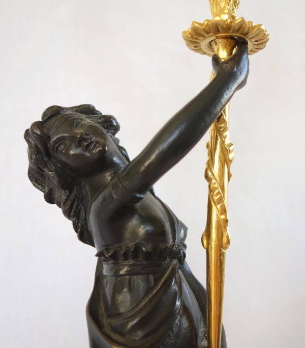 Pair of Louis XVI ormolu, patinated bronze and marble candelabras - 18th century