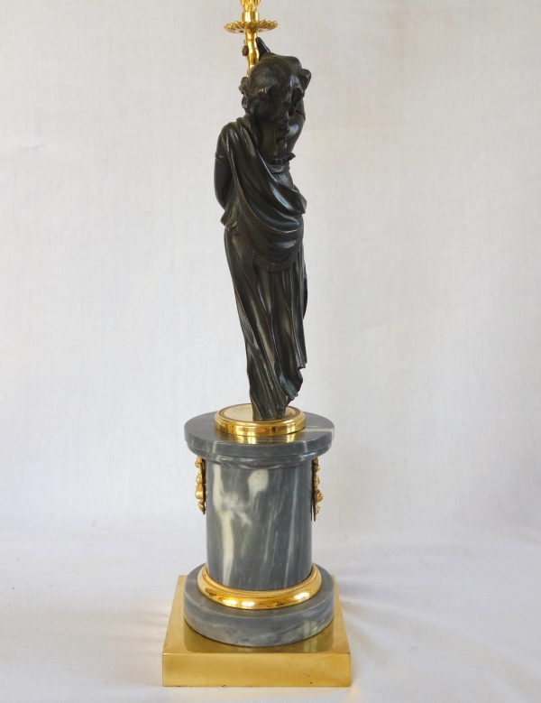 Pair of Louis XVI ormolu, patinated bronze and marble candelabras - 18th century