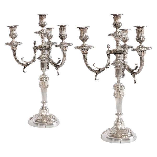 Pair of tall 4-lights silver-plated Louis XVI style candelabras