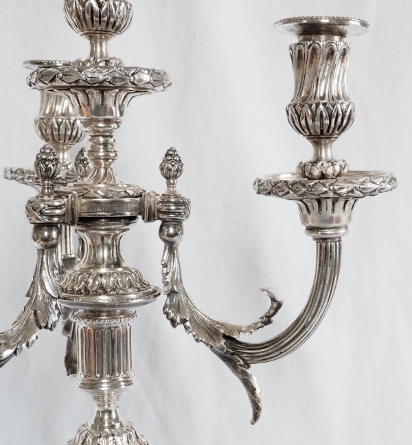 Pair of tall 4-lights silver-plated Louis XVI style candelabras