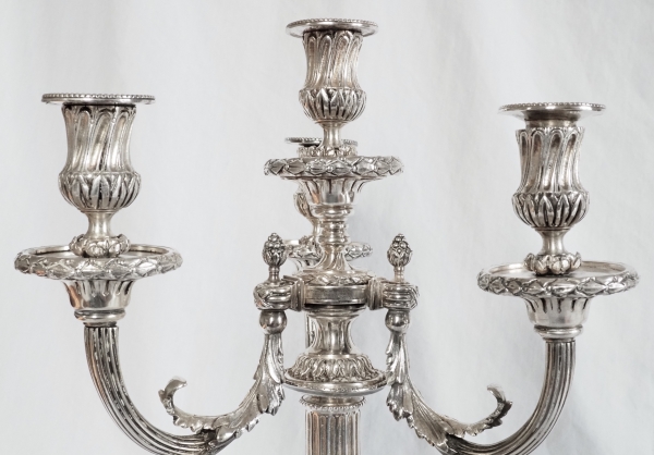 Pair of tall 4-lights silver-plated Louis XVI style candelabras