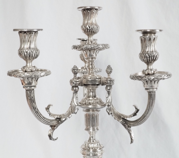 Pair of tall 4-lights silver-plated Louis XVI style candelabras