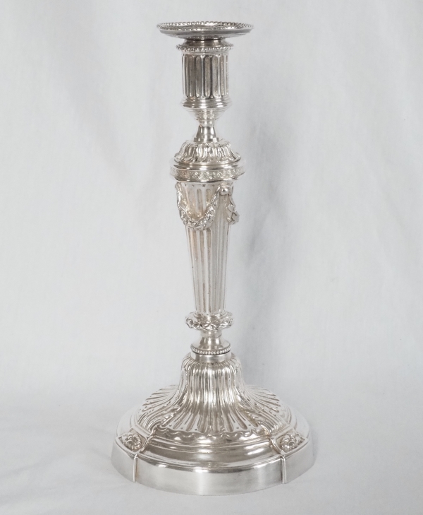 Pair of tall 4-lights silver-plated Louis XVI style candelabras