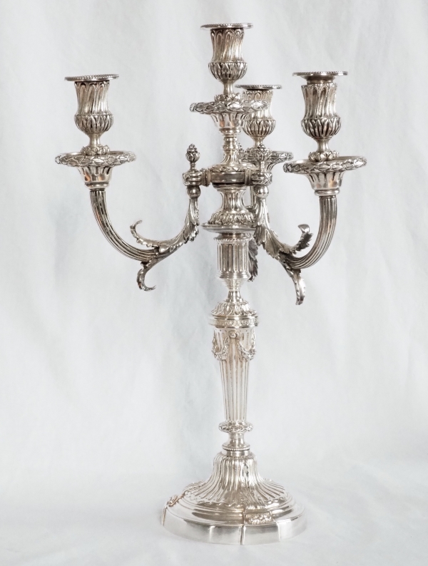 Pair of tall 4-lights silver-plated Louis XVI style candelabras