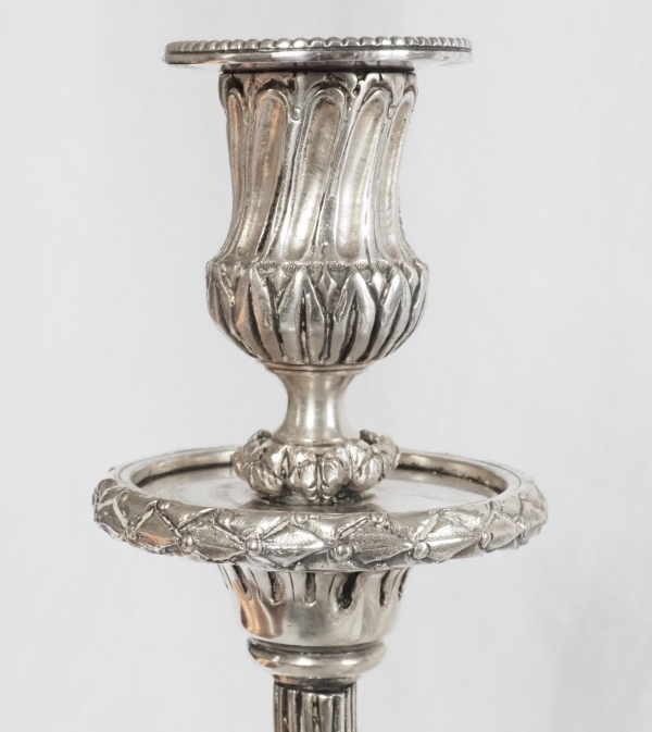 Pair of tall 4-lights silver-plated Louis XVI style candelabras