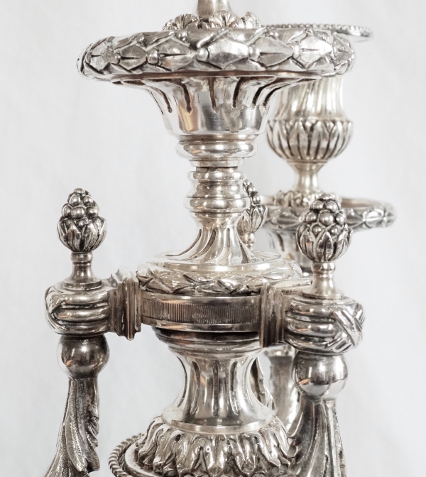 Pair of tall 4-lights silver-plated Louis XVI style candelabras