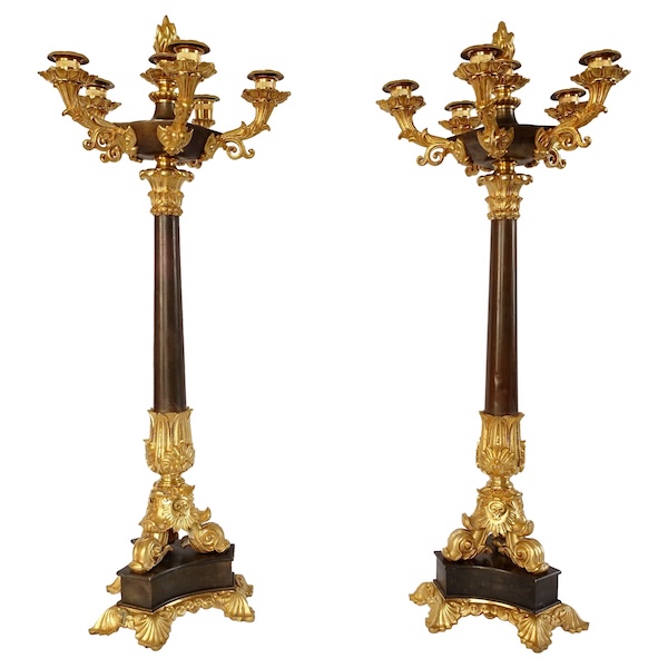 Paire de candélabres à 6 feux en bronze doré et patiné d'époque Restauration - style Empire - 1830