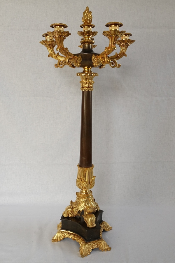 Paire de candélabres à 6 feux en bronze doré et patiné d'époque Restauration - style Empire - 1830