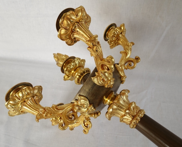 Paire de candélabres à 6 feux en bronze doré et patiné d'époque Restauration - style Empire - 1830