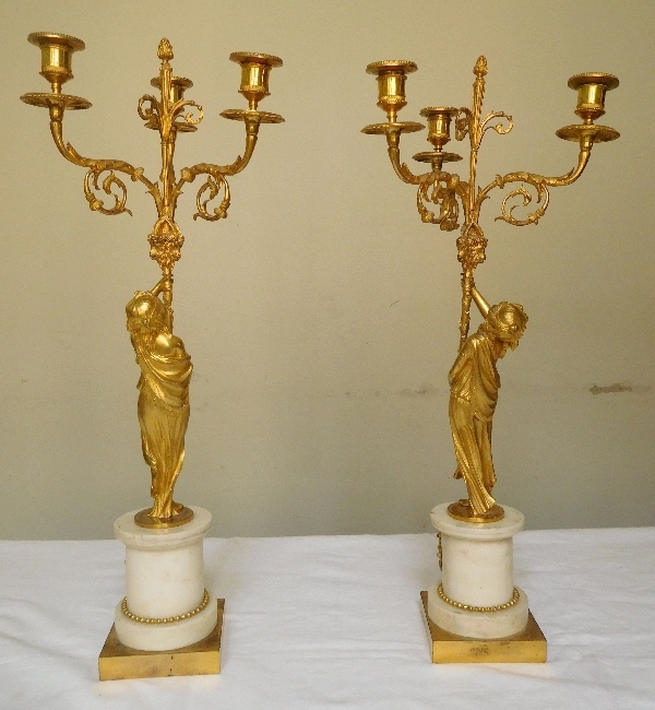 Paire de candélabres en marbre et bronze doré de style Louis XVI, époque Napoleon III