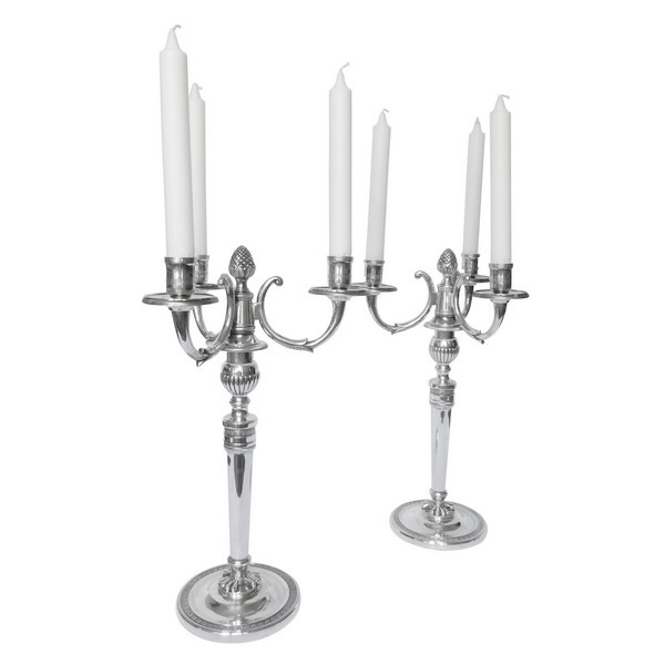 Pair of 3 lights silver plated bronze candelabras, Empire style