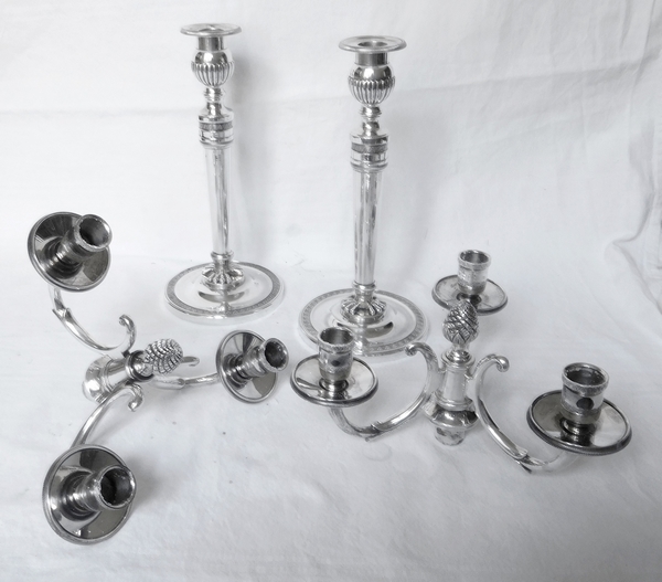 Pair of 3 lights silver plated bronze candelabras, Empire style