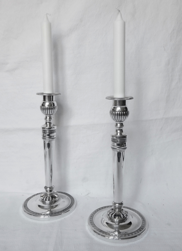 Pair of 3 lights silver plated bronze candelabras, Empire style