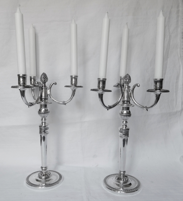 Pair of 3 lights silver plated bronze candelabras, Empire style