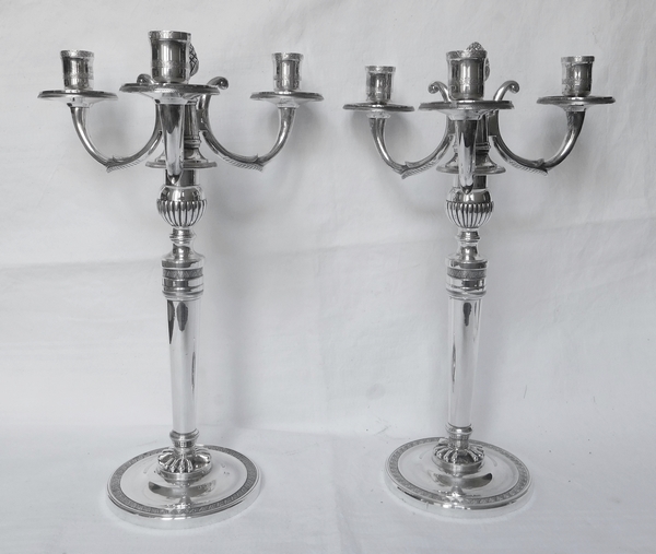 Pair of 3 lights silver plated bronze candelabras, Empire style