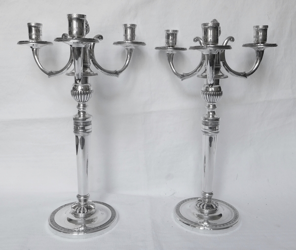 Pair of 3 lights silver plated bronze candelabras, Empire style