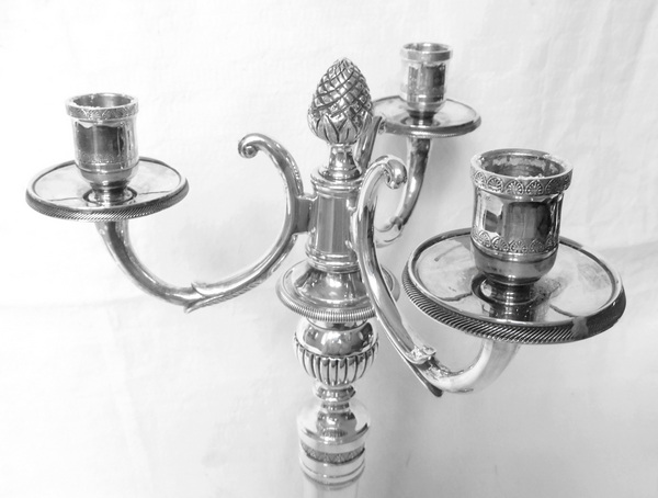 Pair of 3 lights silver plated bronze candelabras, Empire style