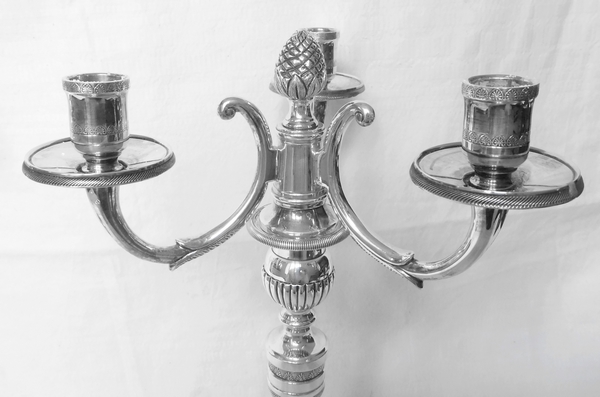 Pair of 3 lights silver plated bronze candelabras, Empire style