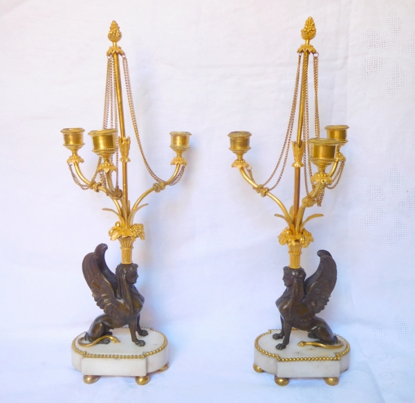 Pair of late 18th century ormolu and marble sphinxes-shaped candelabras