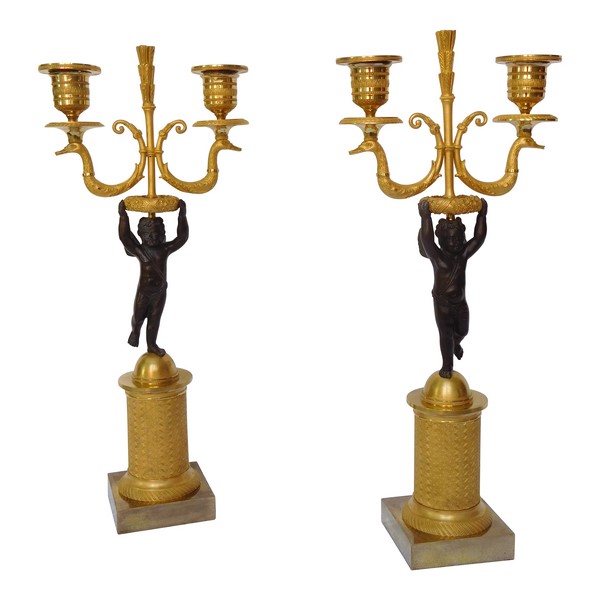 Pair of Empire ormolu and patinated bronze candelabras, early 19th century