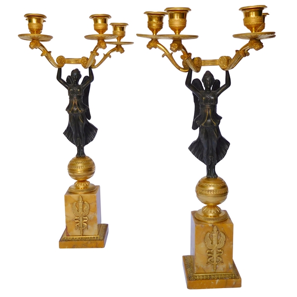 Pair of Empire candelabra, patinated bronze and ormolu, yellow Sienna marble