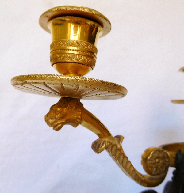 Pair of Empire candelabra, patinated bronze and ormolu, yellow Sienna marble