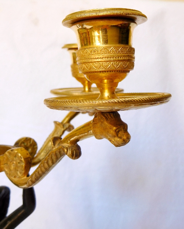 Pair of Empire candelabra, patinated bronze and ormolu, yellow Sienna marble