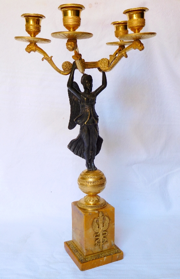 Pair of Empire candelabra, patinated bronze and ormolu, yellow Sienna marble