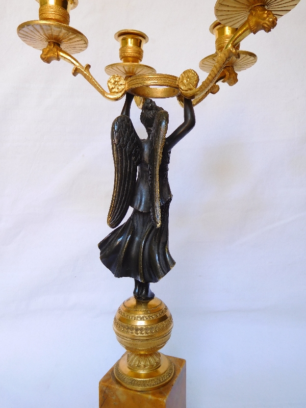 Pair of Empire candelabra, patinated bronze and ormolu, yellow Sienna marble