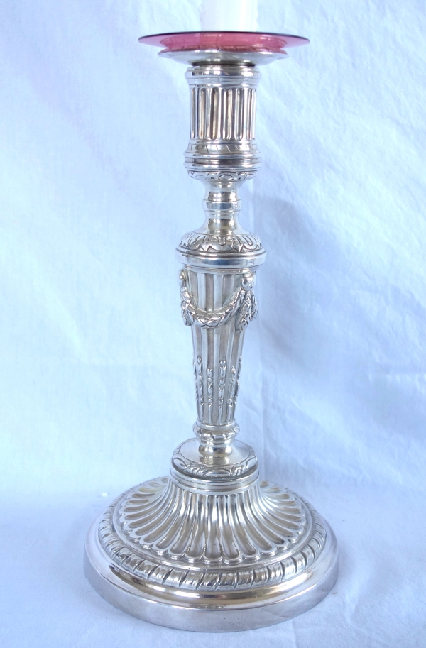 Paire de flambeaux candélabres d'époque Louis XVI en bronze argenté, usage 1 à 3 feux