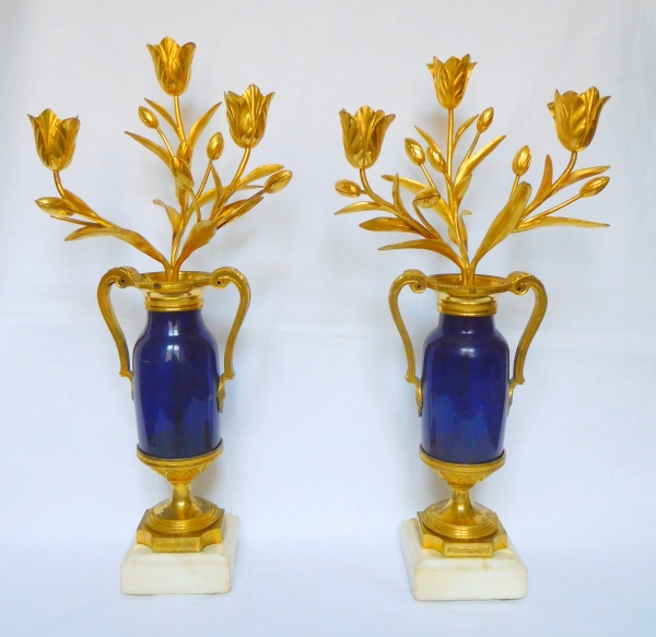 Pair of Louis XVI candelabras, Le Creusot blue glass, ormolu and marble