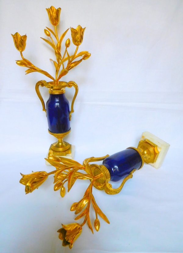Pair of Louis XVI candelabras, Le Creusot blue glass, ormolu and marble