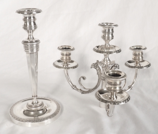 Pair of silver plated bronze Empire style candelabras - 4 lights