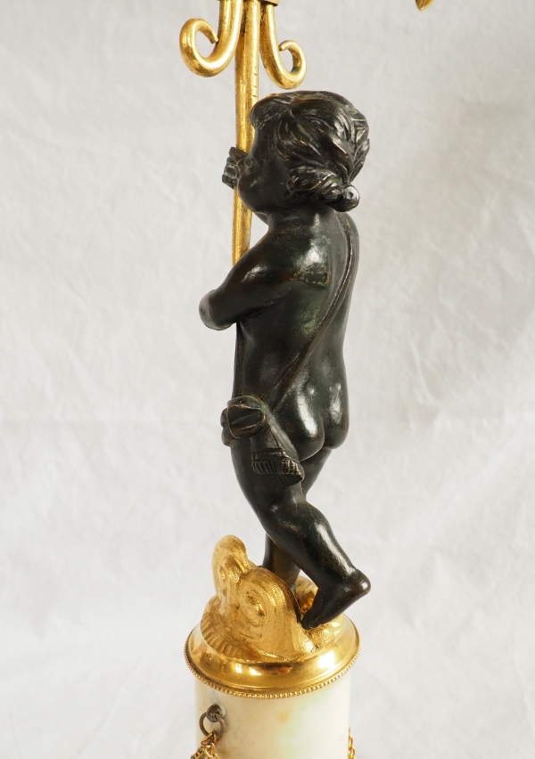 Pair of Empire ormolu, patinated bronze and marble candelabras, 19th century