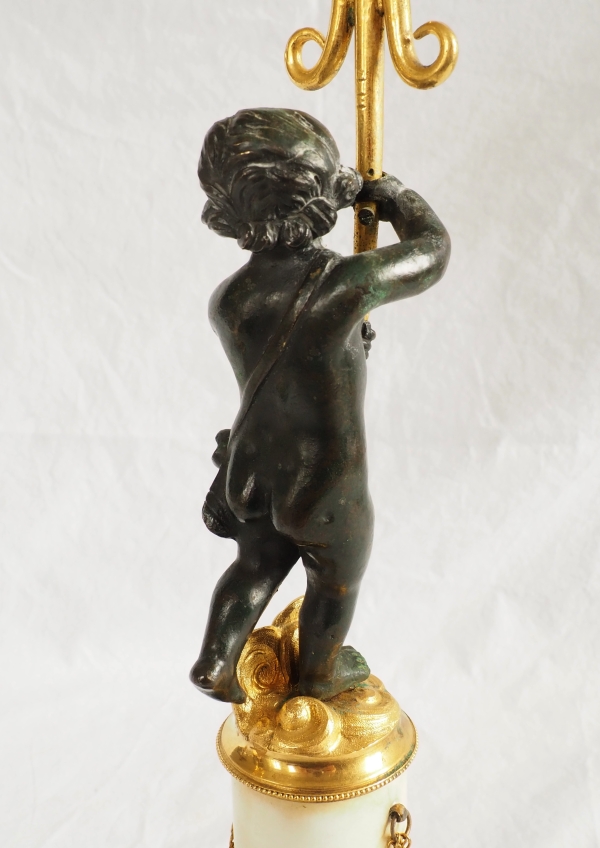 Pair of Empire ormolu, patinated bronze and marble candelabras, 19th century