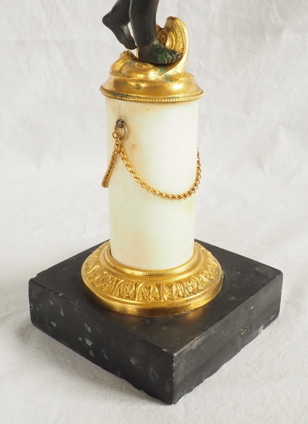 Pair of Empire ormolu, patinated bronze and marble candelabras, 19th century