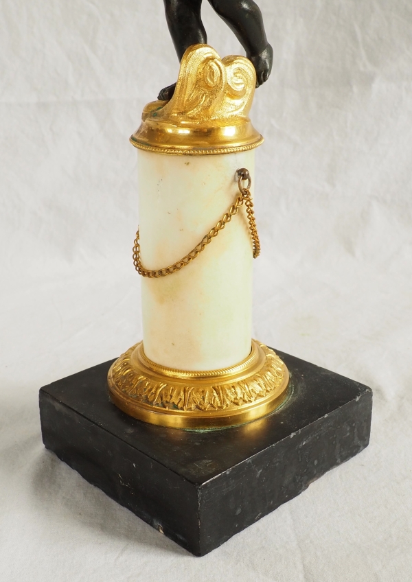 Pair of Empire ormolu, patinated bronze and marble candelabras, 19th century